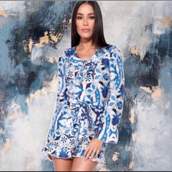 ABSTRACT TILE PRINT FRILL WASTE PLAYSUIT - Picture 5 of 8